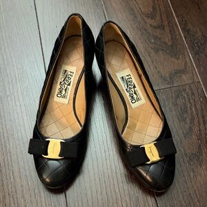 Salvatore Ferragamo Black Quilted Shoes with Gold Accent